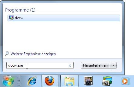 Starting the program dccw.exe over the search field in Windows 7