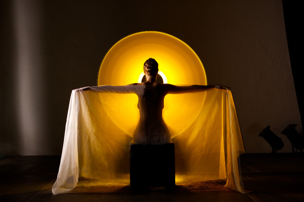 Lightpainting with tubes - staged sunrise over lightpainting for photo